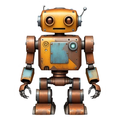 Rusted scavenger robot with patchwork body plates sticker