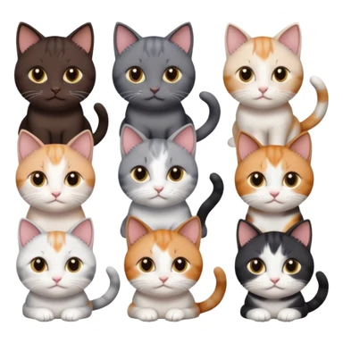 5 different coloured short haired cats including; a dark brown and white cat, and a dark grey and white, and a calico sticker