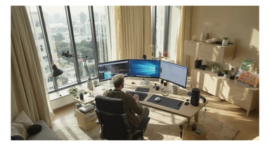 Cinematic shot of a creative director work on tripple display setup PC, top dutch angle, Warm bright vibe, modern clean expensive huge room minimalistic apartament, model is dress like designer, morning, big window, captured on arri alexa sticker