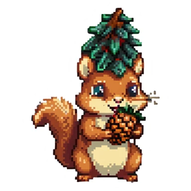 Greedy squirrel with big pine cone on head, weird creepy expression, hungry looking sticker