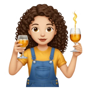 Curly haired curl with long dark brown hair and light skin in overalls toasting with alcohol  sticker