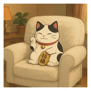 White and black Chinese lucky cat on a cozy white armchair  sticker
