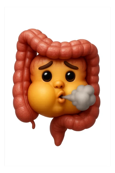 emoji stile iphone di un intestino che ingoia una nuvoletta di aria ben visibile e gli si gonfia la pancia, non fargli il naso, iperrealistico 4k sticker