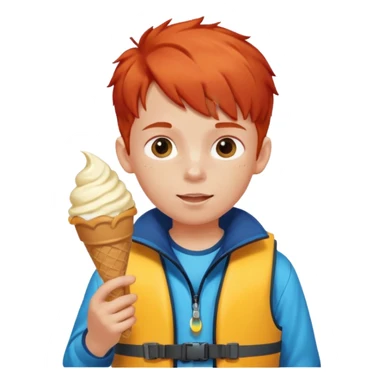 boy kid red haired wearing lifejacket, eating ice cream, sun sticker