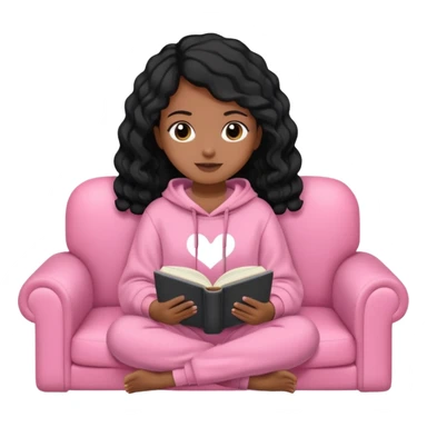 Una chica linda de cabello negro con ondas hasta los hombros de piel blanca con una sudadera rosa en un sofá cómodo y hermoso leyendo la biblia sticker