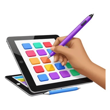 A hand having a digital pen drawing colorful rectangules on a tablet sticker