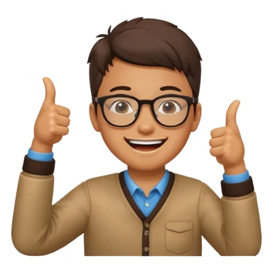 un estudiante que este parado con sus lentes guiñando el ojo y CON LAS MANOS HACIA ARRIBA DANDO LIKE sticker