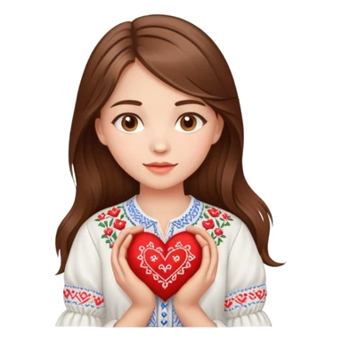 Beautiful young girl with brown hair in a white Ukrainian embroidered shirt holding a large embroidered heart sticker