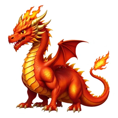 cinematic-noble-fierce-fire-dragon-full body-emoji,-poised-and-imposing,-with-a-muscular,-scaled-body-ablaze-in-fiery-hues-of-crimson,-molten-orange,-and-molten-gold,-and-intense,-burning-eyes-that-mirror-the-heart-of-a-volcano;-rendered in detail, displaying hi sticker