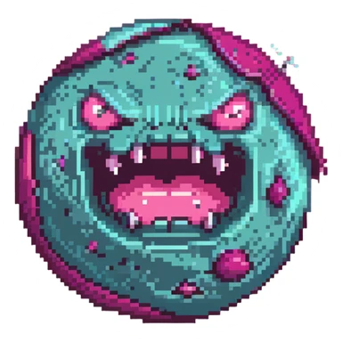 bright pink planet with darker pink spots and an angry face with gritted teeth sticker