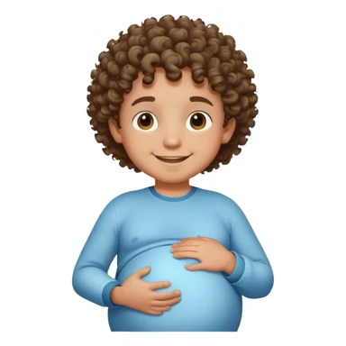 smiling boy with curly hair, and light dark skin  with a pregnant belly sticker