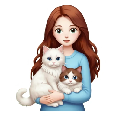 A woman with long dark auburn hair holding a white ragdoll cat in a garden full of flowers sticker