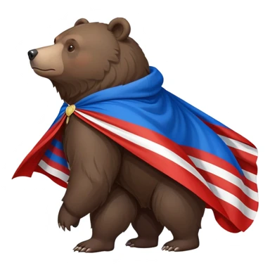 Medium-dark brown bear on all four legs with Russian flag (white, blue, red horizontal stripes) draped over its back like a cape or cloak, flowing slightly, side view sticker