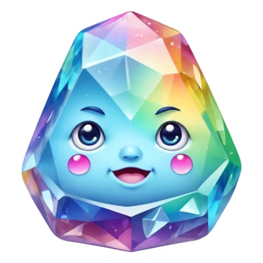 A single pastel rainbow crystal rock character, chubby and heavy with a chunky, irregular polygon shape,covered in faceted crystal planes and small chips, big glossy rainbow eyes  sticker