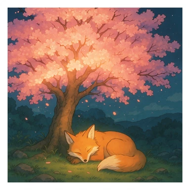 Fox spirit sleeping under a glowing sakura tree. sticker