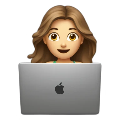 women in front of a laptop with a surprised face, brown light long hair, she is looking the laptop, hair in the air, caucasian sticker