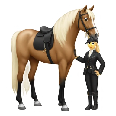 Un cheval Palomino qui cours il a un tapis noir à paillettes sur le dos, sa cavalière qui est sur lui est une fille blanche avec les cheveux marrons elle porte un pantalon noir et une veste de sport noír sticker