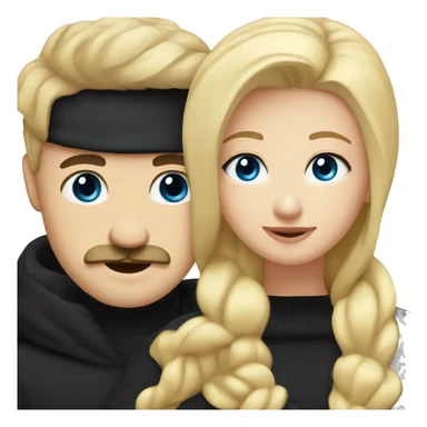 Blonde girl with blue eyes in black sweater and man with black hair and mustache and dark eyes hugging sticker