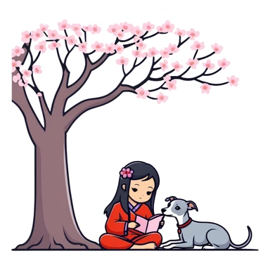 A beautiful 25-year-old Chinese woman with long black hair and a pure dark grey Italian Greyhound with absolutely NO white markings anywhere on its body sitting under a cherry blossom tree. The dog must be completely solid dark grey with no white on muzzle, paws, or chest. sticker