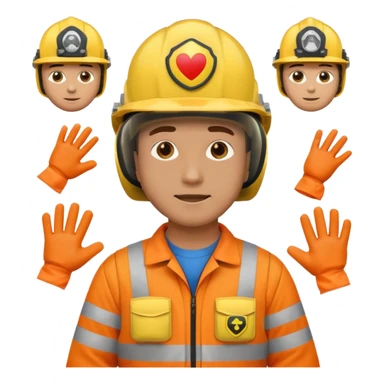 a guy wearing safety outfit with helmet standing , around him safety gears emojis  sticker