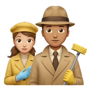 a Detective man with beige hat, a beige coat is interviewing the cleaning Lady with Brown hair, high ponytail and yellow cleaning gloves sticker