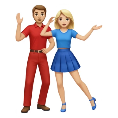 Two people dancing. Man in red shirt and pants with brown hair. Women in blue shirt and skirt with blond hair. sticker