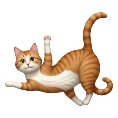 brown tabby and white cat with doing a big extremely long stretch reaching up into the air with arms and legs side by side together straight and overextended whilst lying on its side sticker