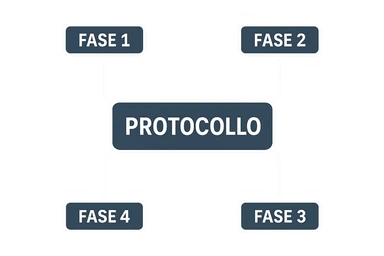 fai uno schemino scritto in bianco con la scritta al centro "PROTOCOLLO" E INTORNO METTI DELLE LINEE DI COLLEGAMENTO CON "FASE 1" "FASE 2" "FASE 3" "FASE 4", DEVE FAR CAPIRE CHE IL PROTOCOLLO SI SUDDIVIDE IN 3 FASI sticker