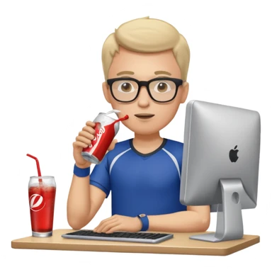 Hombre blanco con gafas tomando un refresco frente a un ordenador con ropa de deorte sticker