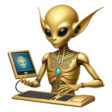 frontview golden alien ancient computer server sticker