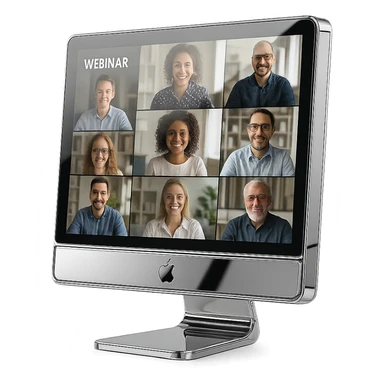 reflective chrome monitor showing a video call with multiple participants, symbolizing a webinar sticker