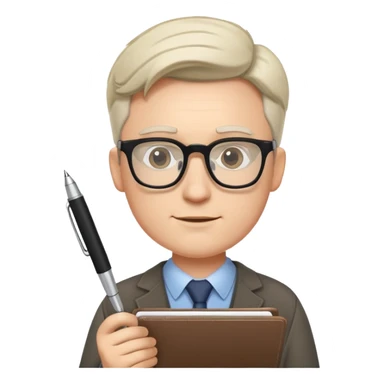 white male journalist holding notepad and pen wearing glasses sticker