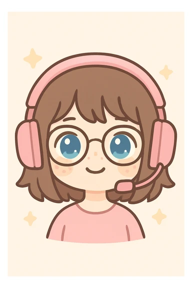 chibi woman with shoulder length choppy brown hair, pink gaming headset, freckles, glasses, and blue eyes sticker