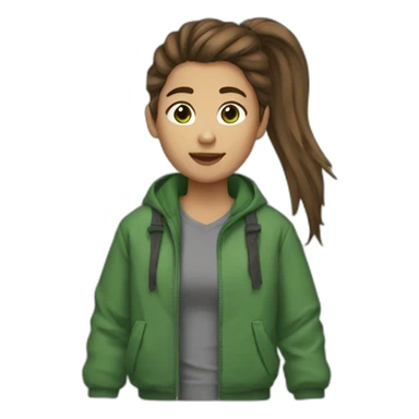 Ponytail brown hair, brown eyes, grey tshirt and green puff jacket sticker