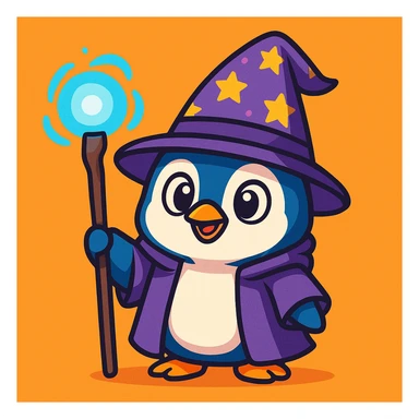 cute penguin dressed as a wizard, wearing a pointed hat and holding a magic staff, vibrant cartoon style sticker