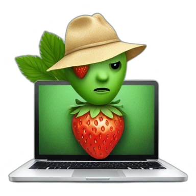 strawberry scamming who look like a human on a laptop like a bandit sticker