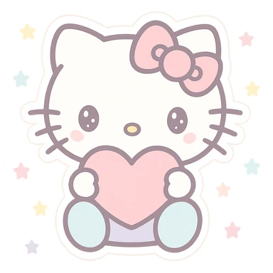 Hello KITTY as a sticker, kawaii style, holding a heart, pastel colors, outlined sticker