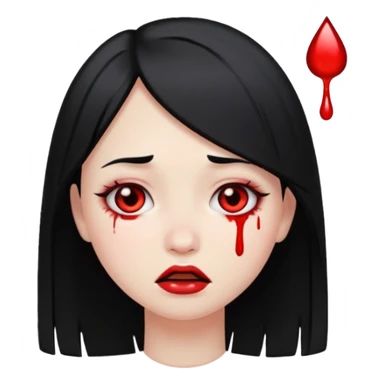 pale girl with black straight hair, tears of blood, emoji style sticker