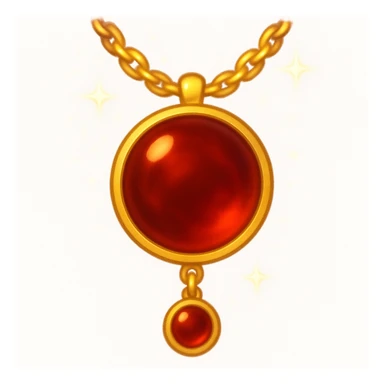 Make the garnet round and glowing wine-red, pulsing with ancient passion and quiet strength, golden chain shimmers like starlight, ethereal and moving, in emoji style sticker
