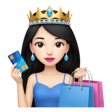 Girl with long black hair and tiara pink lipstick, brown eyes holding shopping bags and blue credit card sticker