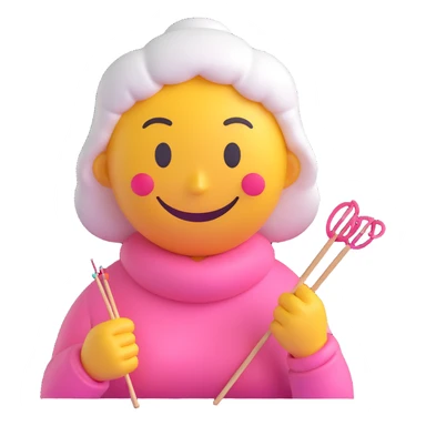 3D smiley emoji, round shape, grandmother with knitting needles, pink color, smiling face sticker