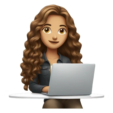 beautiful girl with long brown hair, wavy hair, with laptop sticker