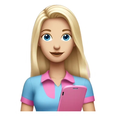 a white blond hair girl with blue eyes wearing a pink shirt holding a pink cell phone sticker