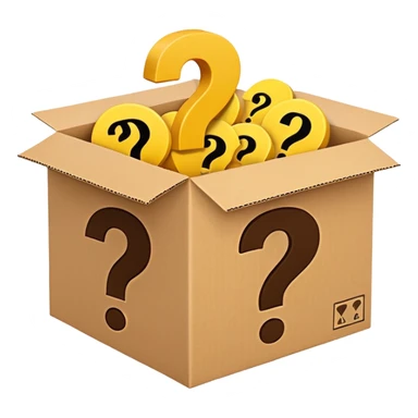 amazon box printed with q&a over stuffed with yellow question marks sticker