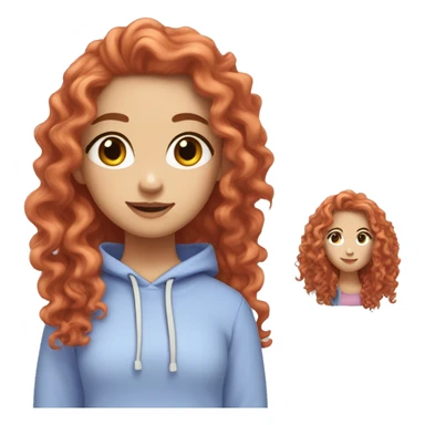 a white girl with long red curly hair, wearing a pastel periwinkle hoodie doing a pose sticker