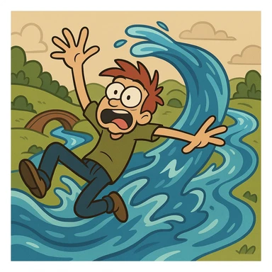 Show the flowing water as a cartoon river, with exaggerated motion, winding through a landscape, in a flat toon style. sticker