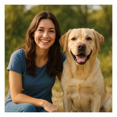 brunette girl sitting beside a yellow labrador dog, both smiling, relaxed and happy moment, natural outdoor background sticker