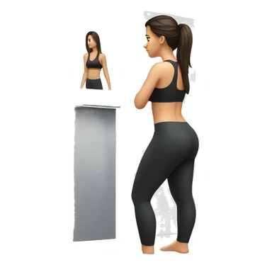 Side view of one fit brunette girl standing on a bathroom scale, looking down, wearing black leggings and a sports bra sticker