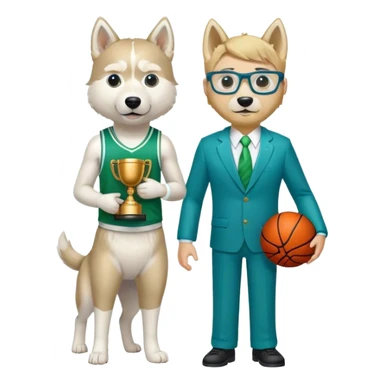 Full Body white husky male  wearing glasses with a goatee with dirty blond very short hair basketball head Coach in blue and green suit holding trophy sticker