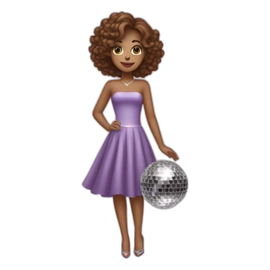 female with brown wavy hair dressed in a party dress and disco ball sticker